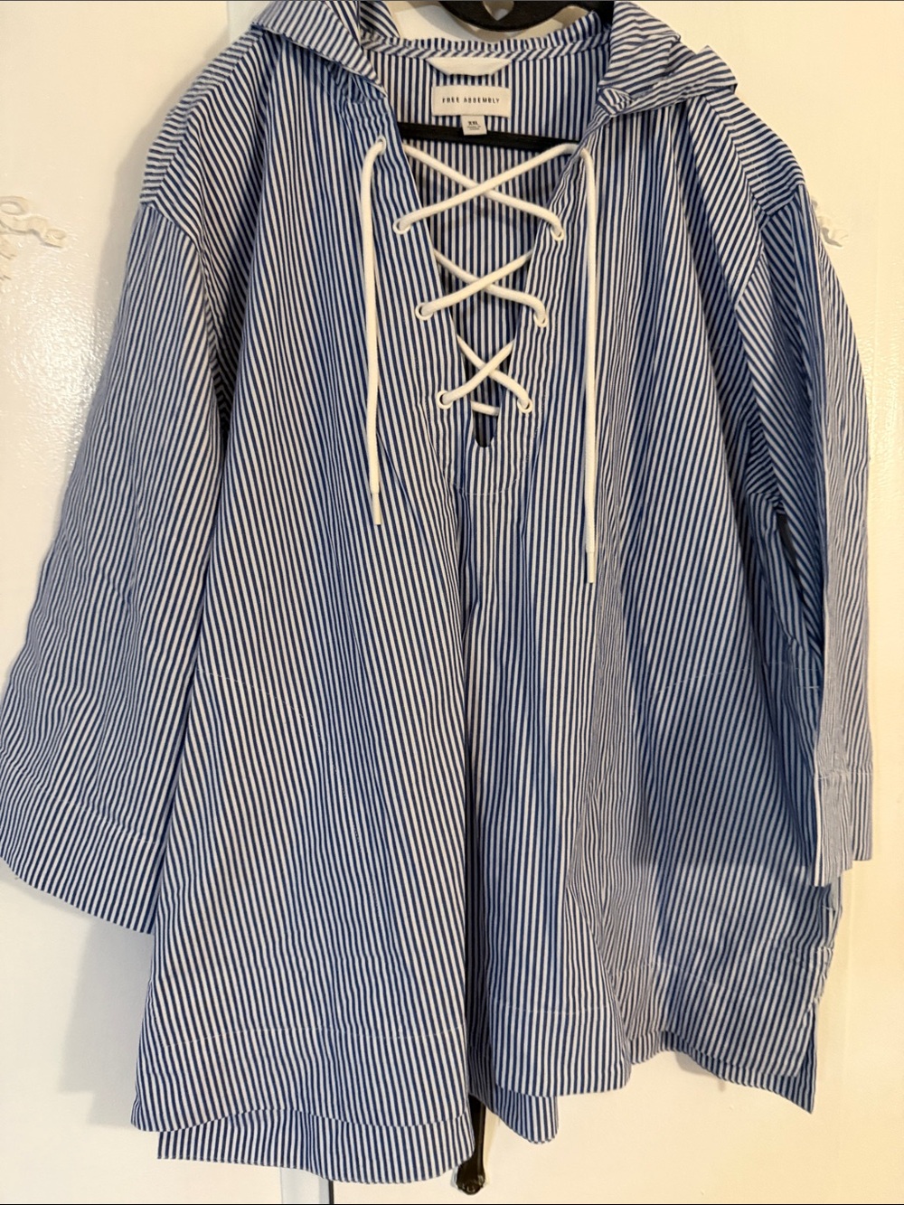 Free Assembly Blue/White Striped Lace-Up Hooded Pullover XXL. Cotton
